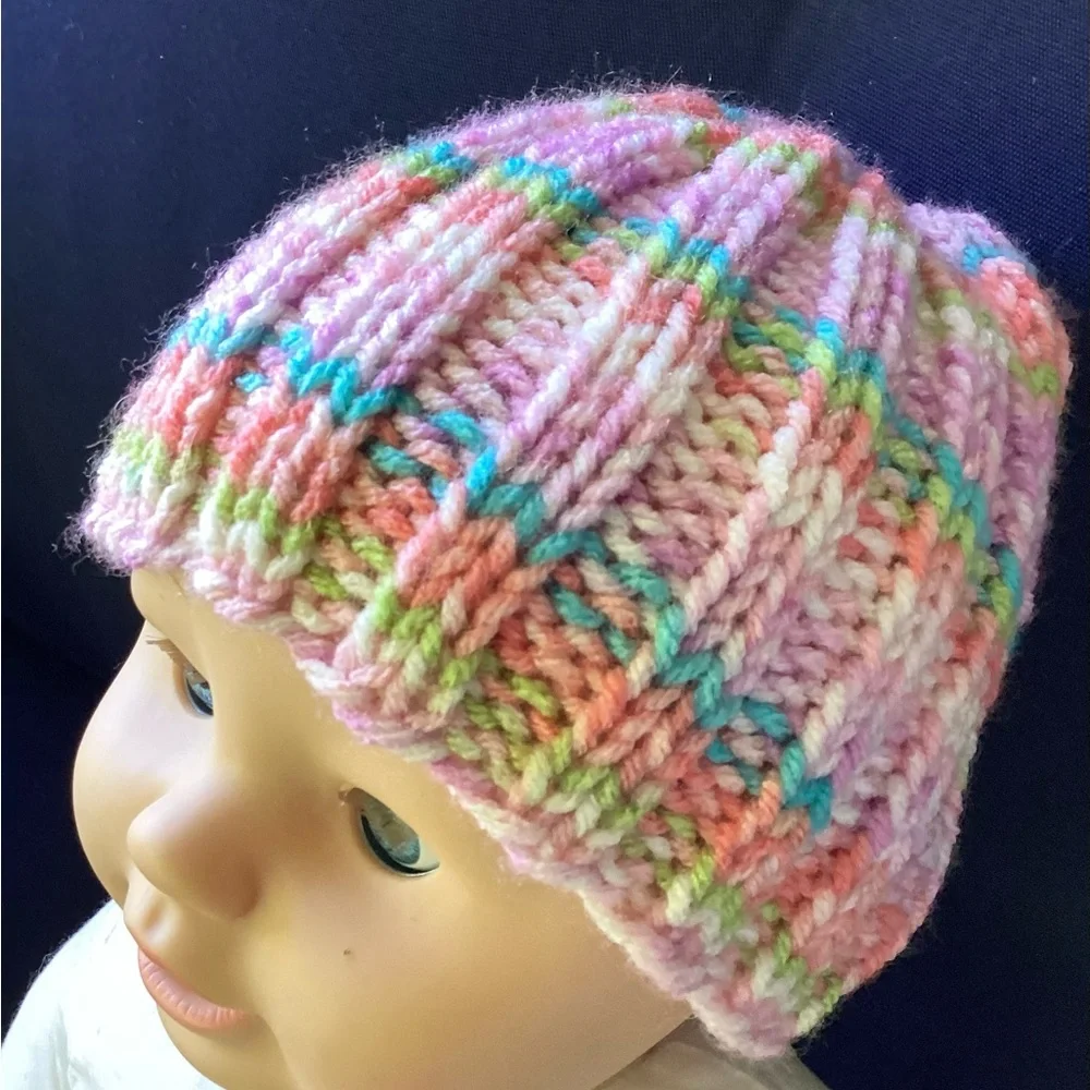 Hat Beanie Baby Hand Crafted Knit Baby Pastels Pink Purple Green Blue Yellow